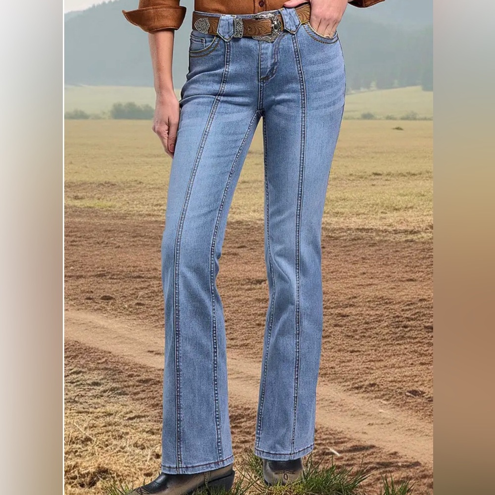 Flamingals Wash Contrast Stitch Mid  Waist Bootcut Jeans Size S New NWT